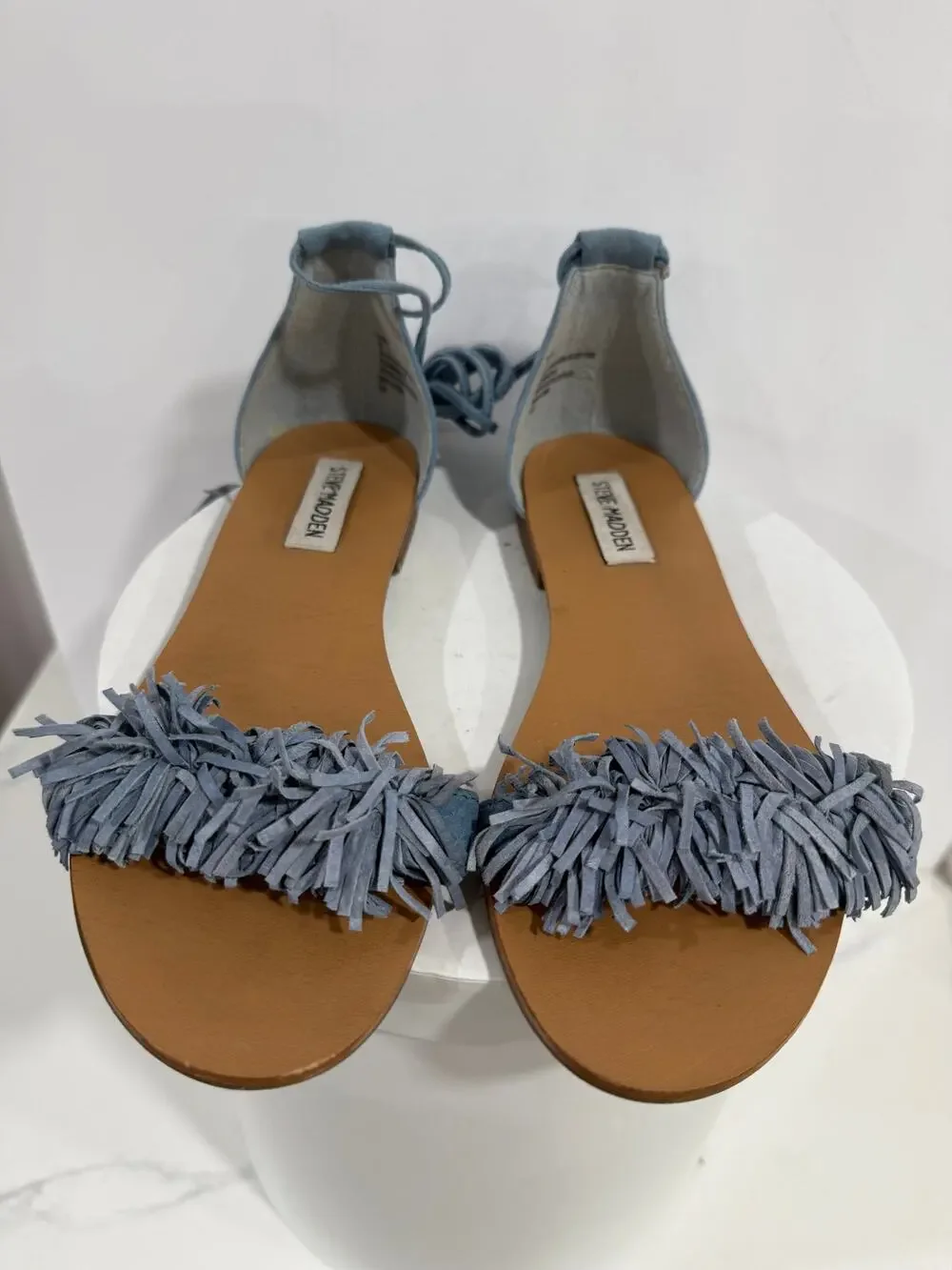 Steve Madden Sweetyy Blue Suede Fringe Lace Up Gladiator Sandals US 7 Ankle Wrap